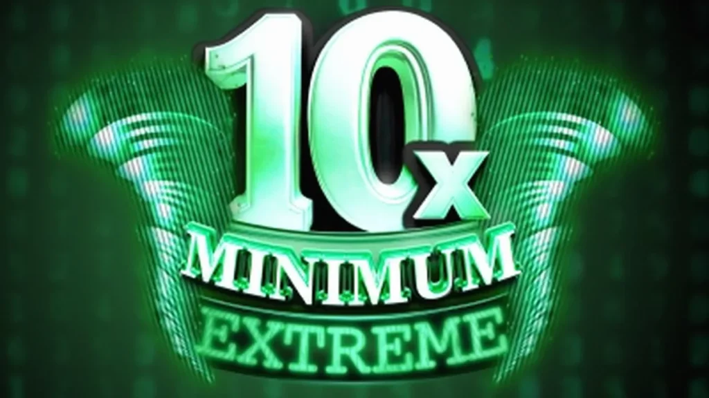 Tampilan visual minimalis dan retro dari slot 10x Minimum Extreme dengan angka neon di latar belakang hitam.