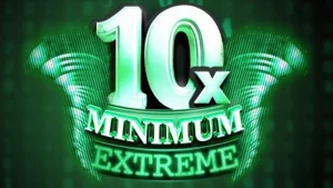 Tampilan visual minimalis dan retro dari slot 10x Minimum Extreme dengan angka neon di latar belakang hitam.