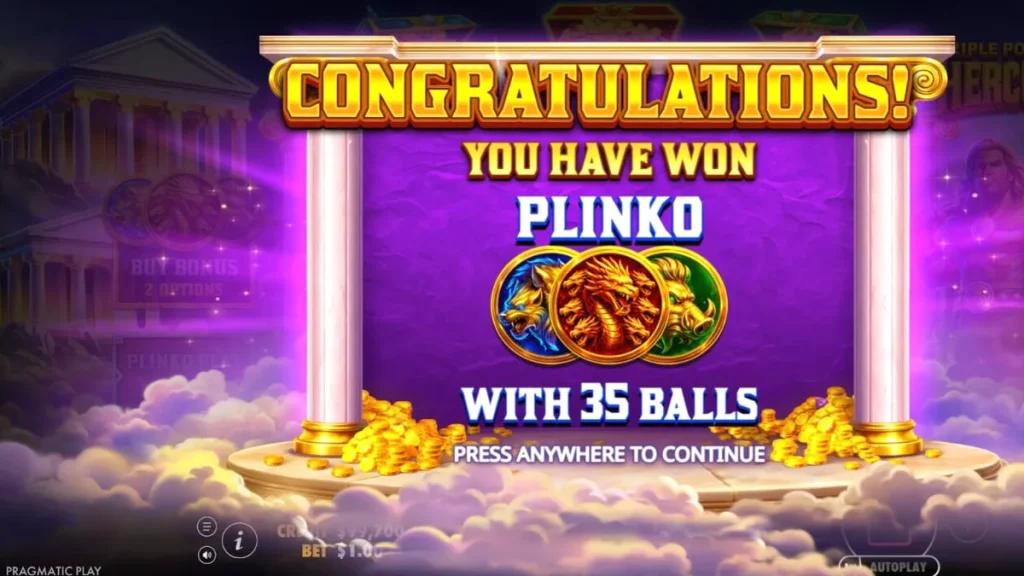 Tampilan visual slot Triple Pot Plinko – Hercules dengan tema mitologi Yunani
