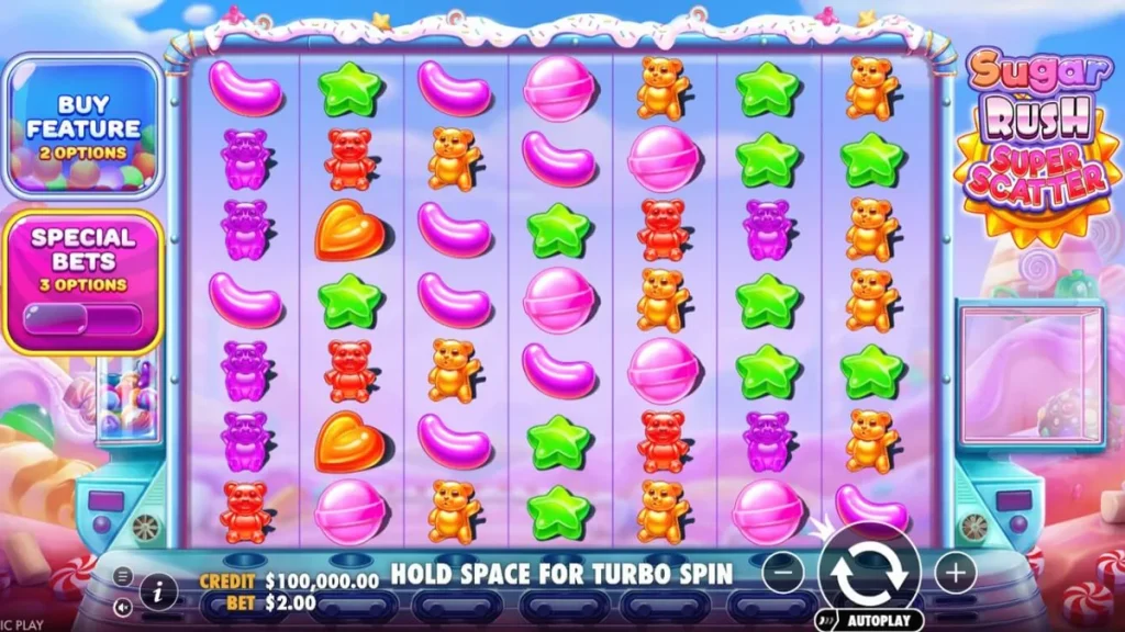 Tampilan visual grid 7x7 penuh permen warna-warni di Sugar Rush Super Scatter