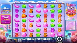 Tampilan visual grid 7x7 penuh permen warna-warni di Sugar Rush Super Scatter