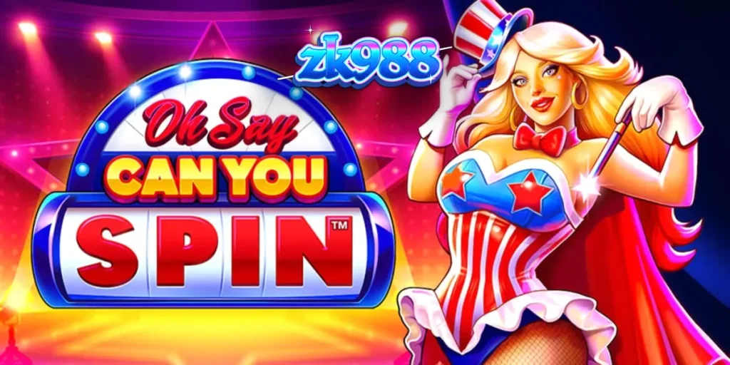 Tampilan visual slot Oh Say Can You Spin dengan tema patriotik dan penari kabaret